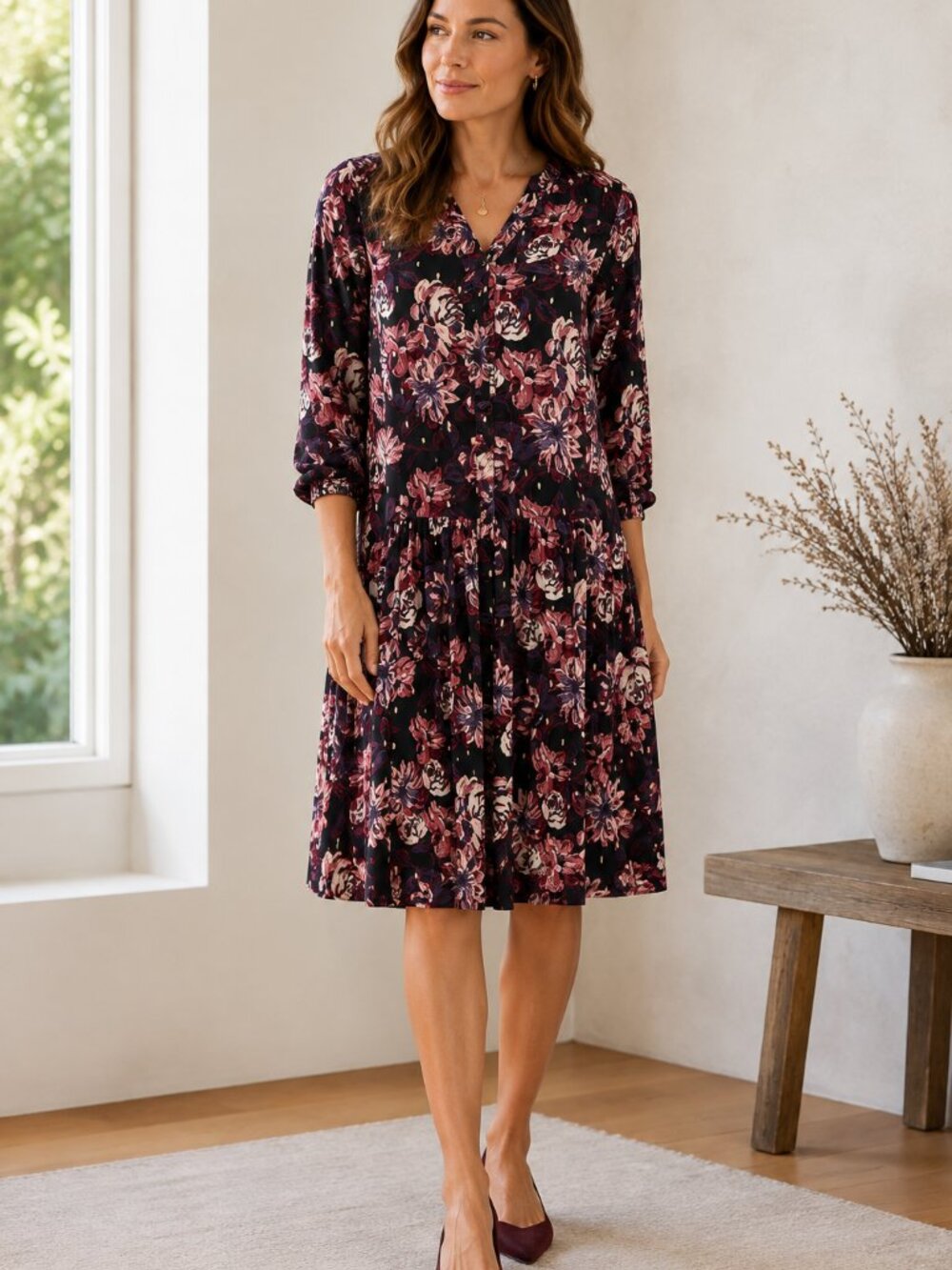 NWOT Garnet Hill Black Floral Dropwaist Button-Up Midi Dress 12